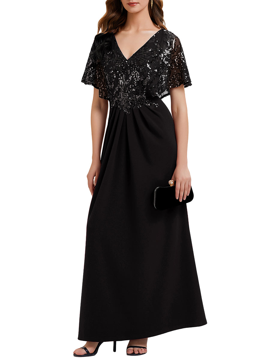Color=Black | Bulk Order Short Sleeve Sequin Fishtail V-Neck Floor Length Evening Dresses-Black 7