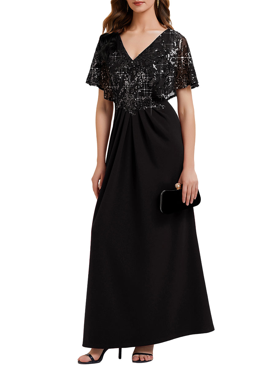 Color=Black | Bulk Order Short Sleeve Sequin Fishtail V-Neck Floor Length Evening Dresses-Black 8