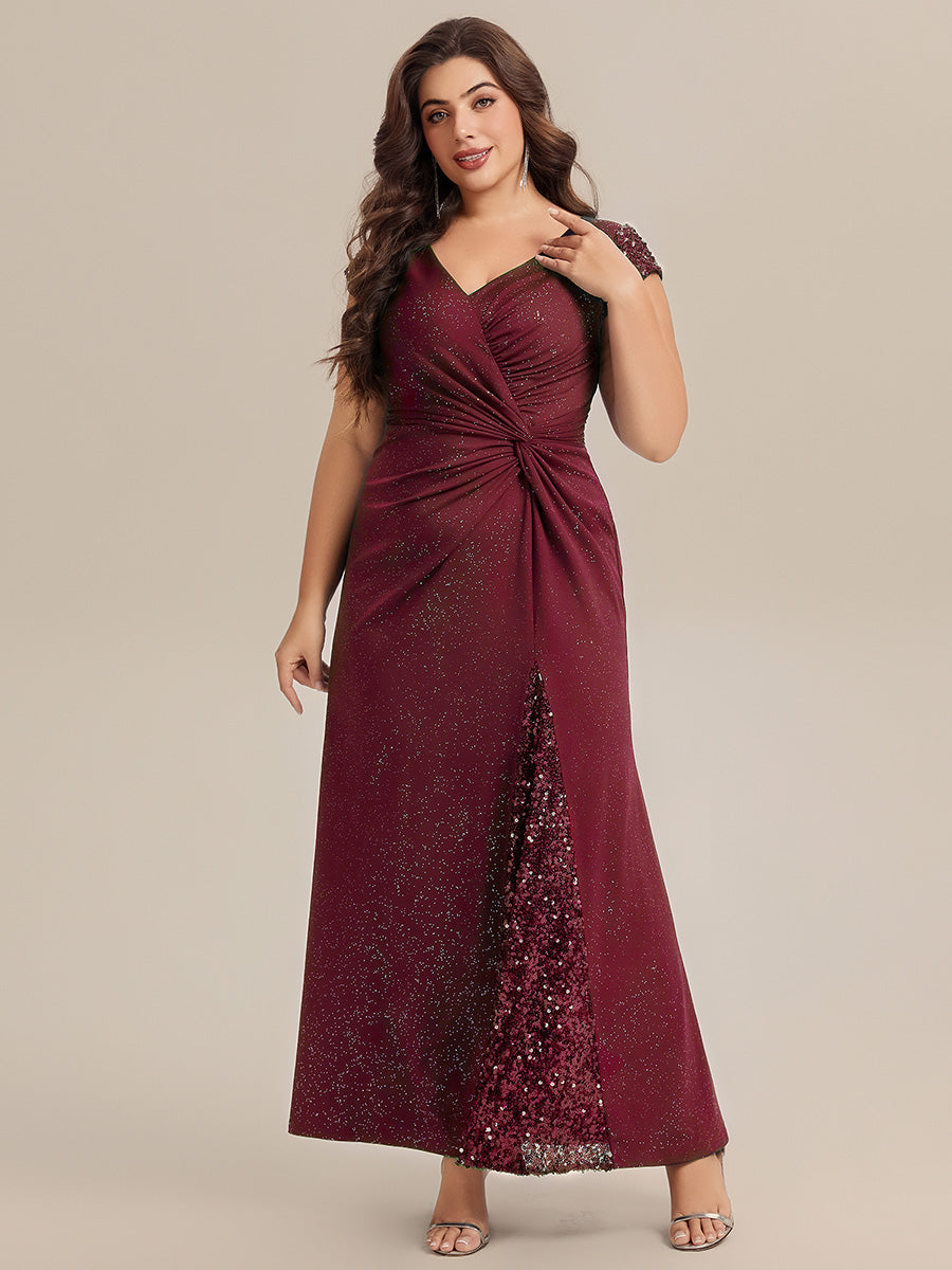 Color=Burgundy | One Stop Shop Short Sleeve Knotted Deep V-Neck Bodycon Floor Length Evening Dresses-Burgundy 9