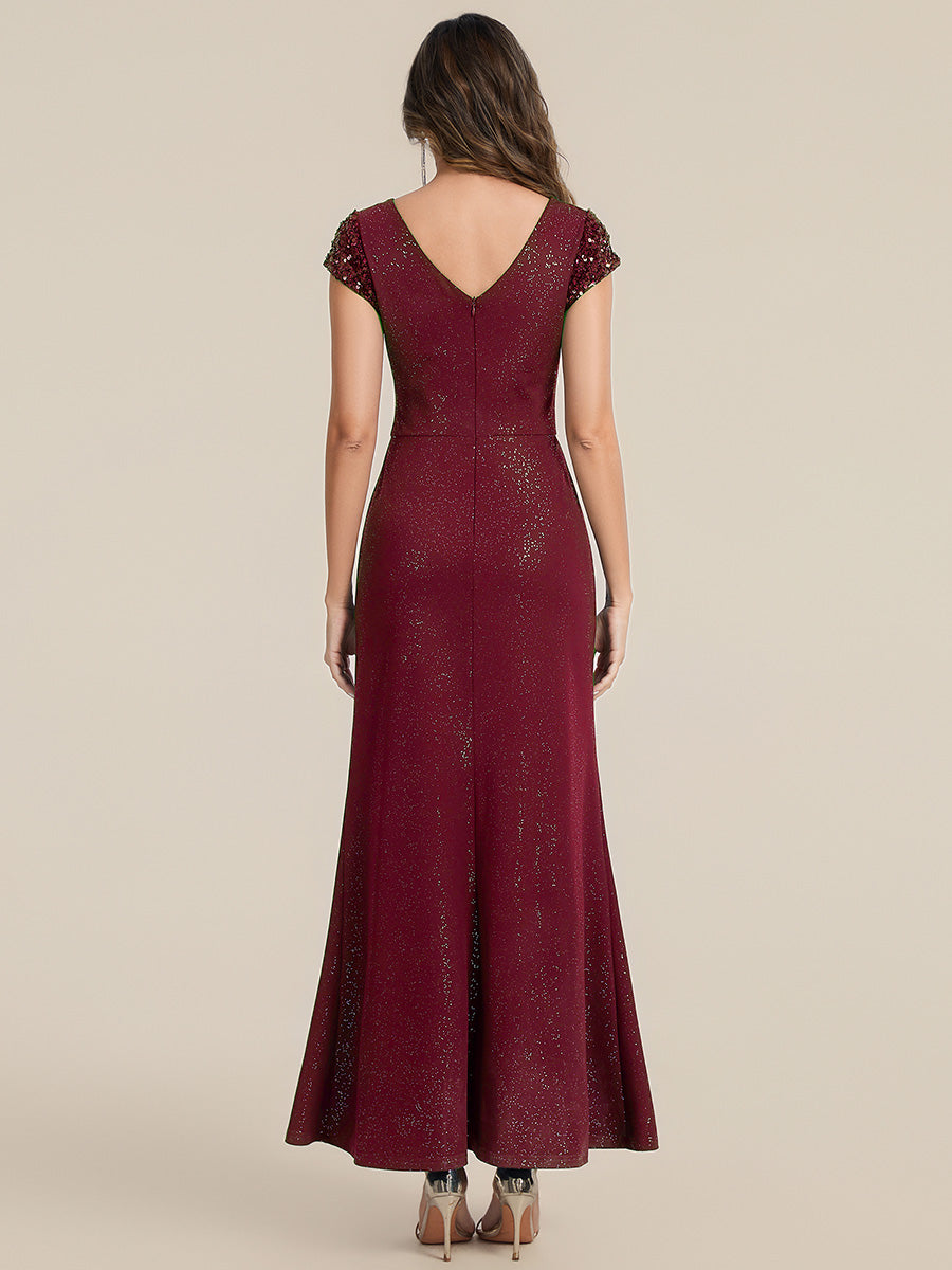 Color=Burgundy | Commercial Wholesale Short Sleeve V-Neck Bodycon Maxi Dress with Sequin Details Evening Dresses-Burgundy 2