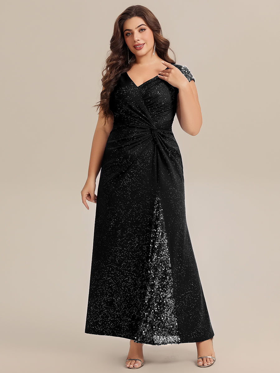 Color=Black | Fast Delivery Short Sleeve Deep V-Neck Sequin Bodycon Floor Length Evening Dresses-Black 9