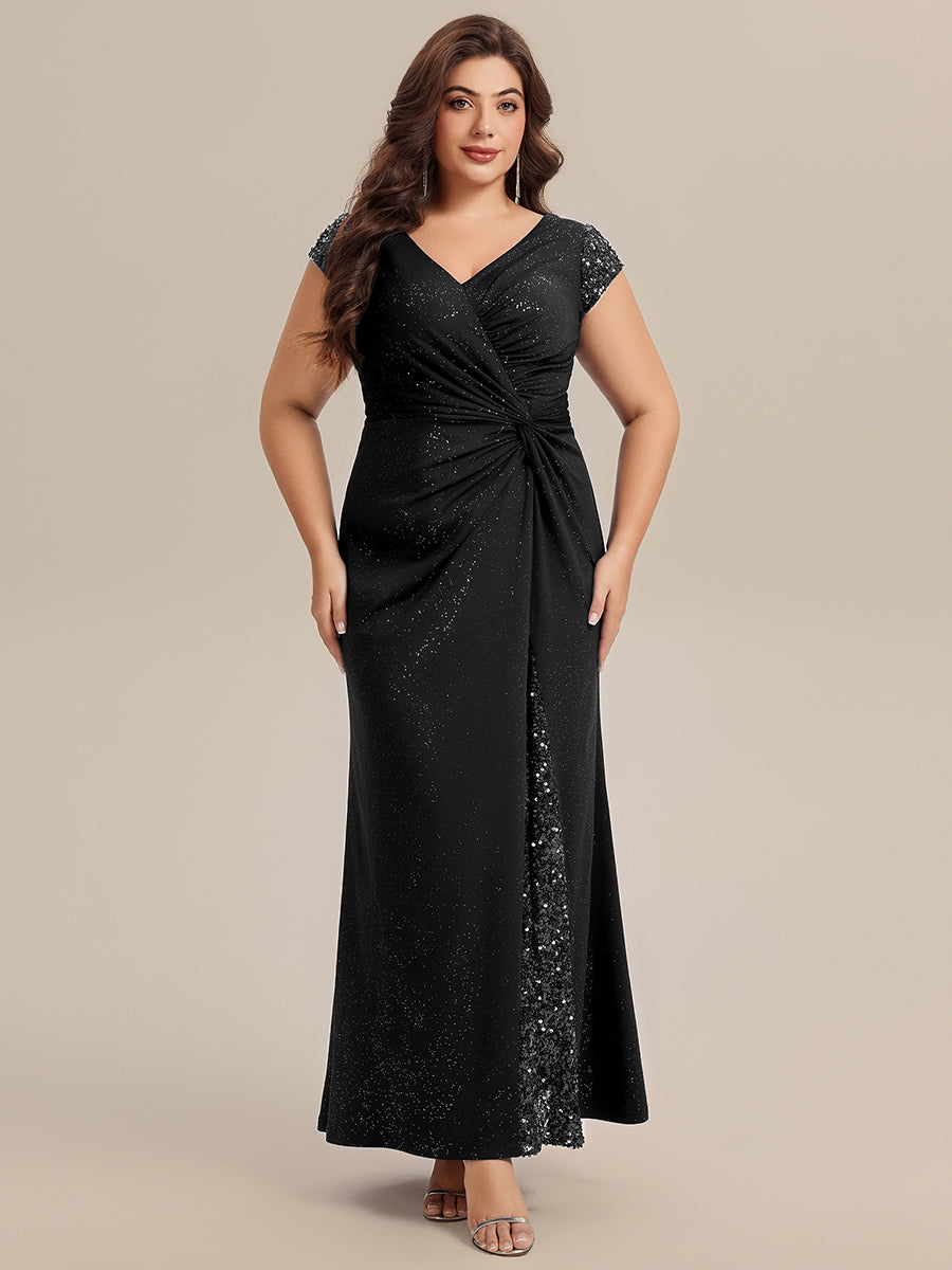 Color=Black | Commercial Wholesale Short Sleeve V-Neck Bodycon Maxi Dress with Sequin Details Evening Dresses-Black 20