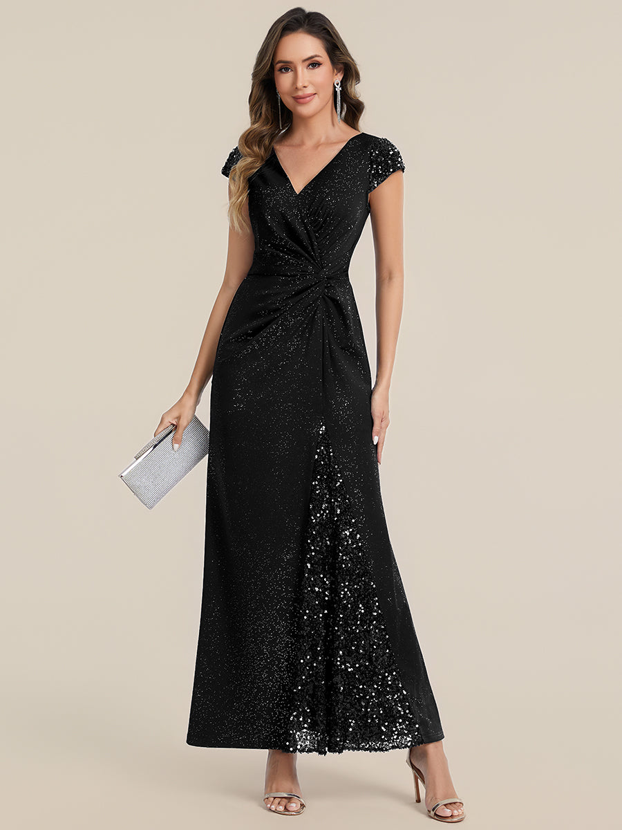 Color=Black | Fast Delivery Short Sleeve Deep V-Neck Sequin Bodycon Floor Length Evening Dresses-Black 5