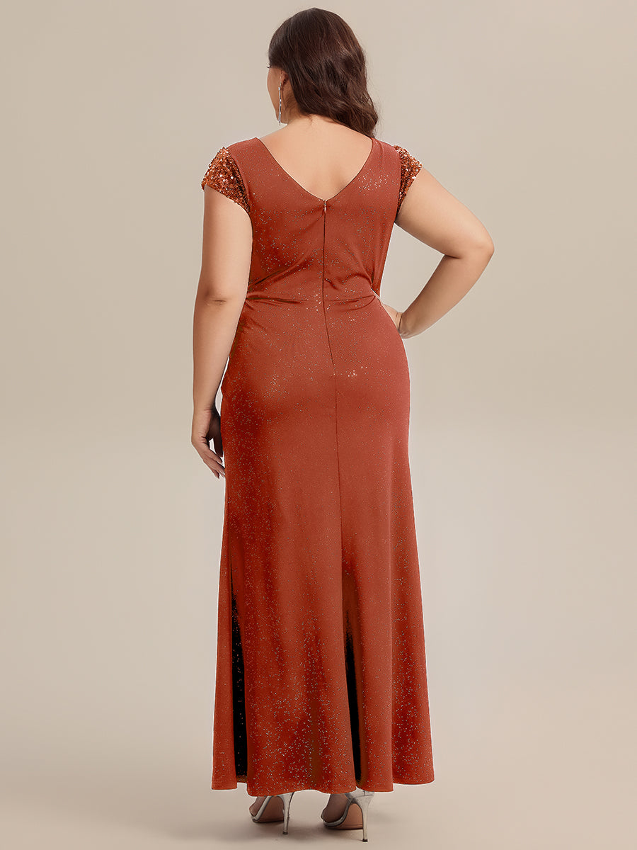 Color=Burnt Orange | Commercial Wholesale Short Sleeve V-Neck Bodycon Maxi Dress with Sequin Details Evening Dresses-Burnt Orange 27