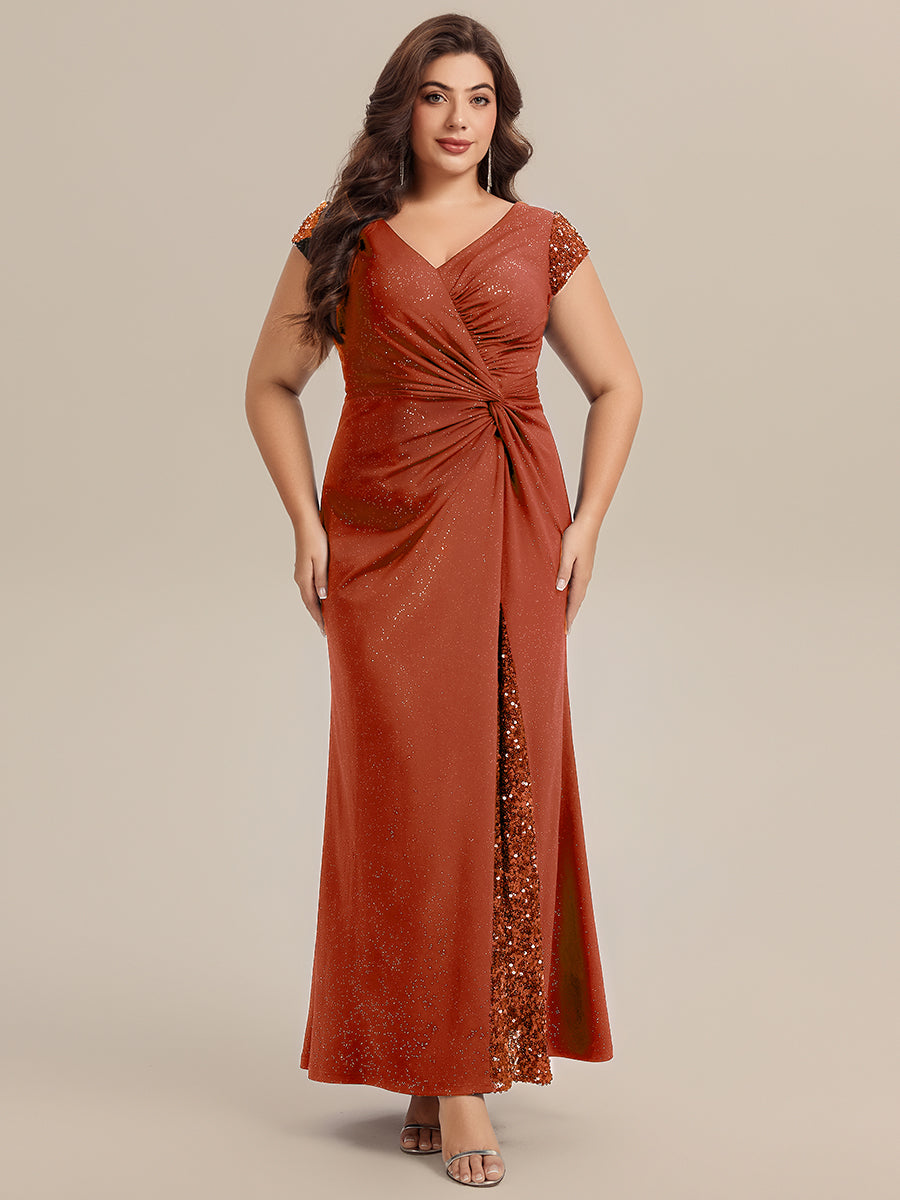 Color=Burnt Orange | Commercial Wholesale Short Sleeve V-Neck Bodycon Maxi Dress with Sequin Details Evening Dresses-Burnt Orange 30