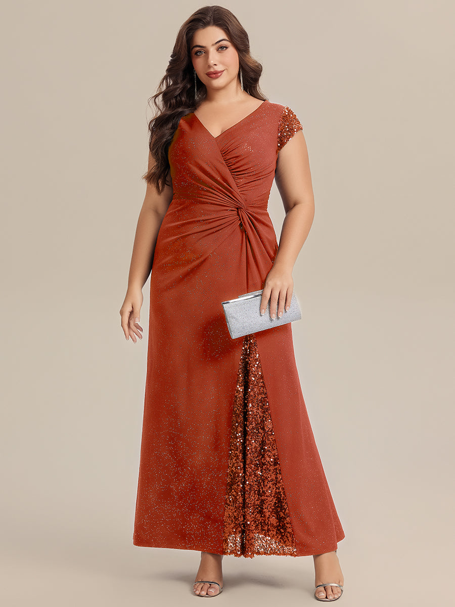 Color=Burnt Orange | Commercial Wholesale Short Sleeve V-Neck Bodycon Maxi Dress with Sequin Details Evening Dresses-Burnt Orange 26