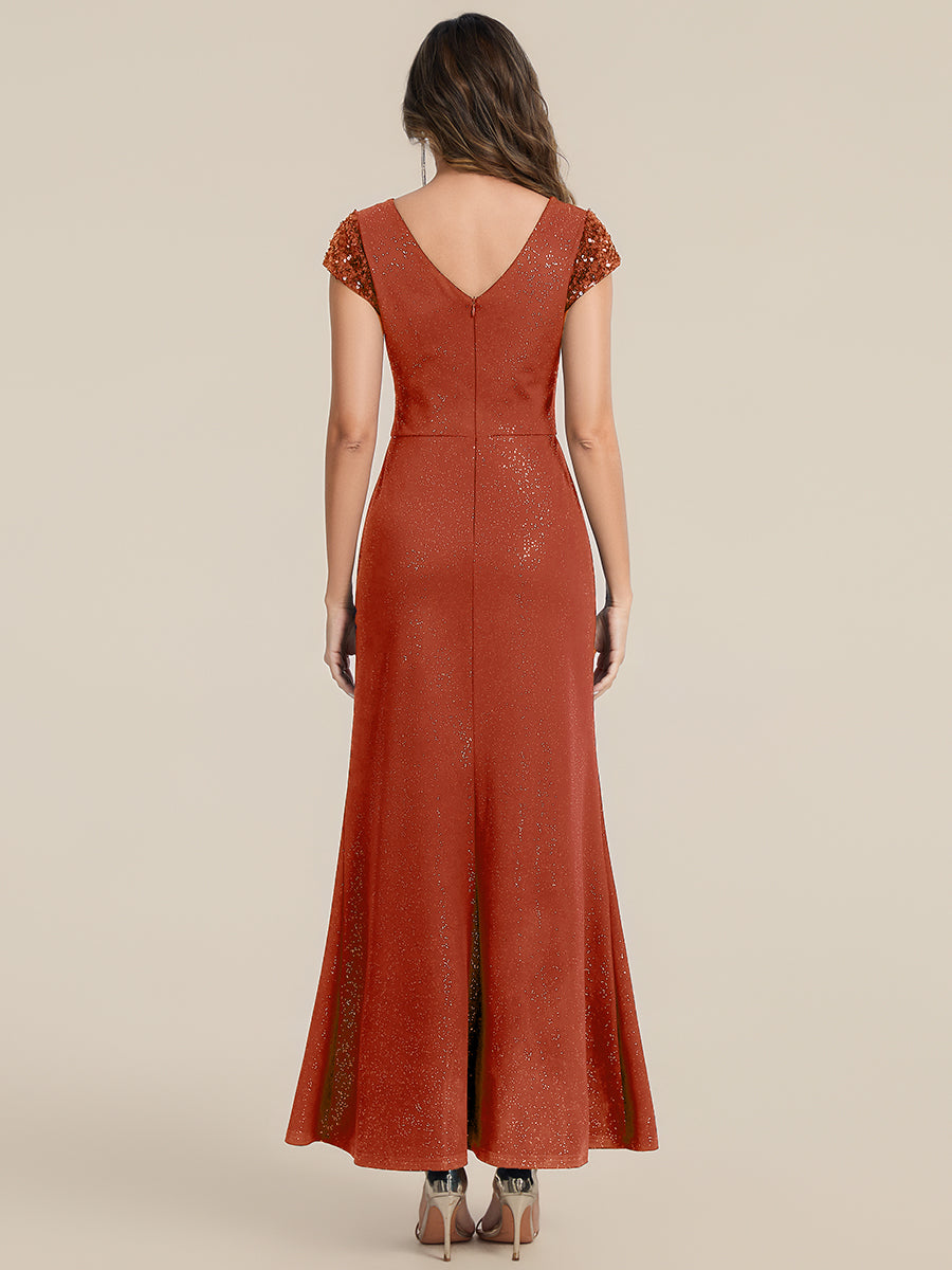 Color=Burnt Orange | Commercial Wholesale Short Sleeve V-Neck Bodycon Maxi Dress with Sequin Details Evening Dresses-Burnt Orange 22