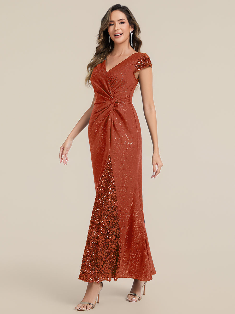 Color=Burnt Orange | Commercial Wholesale Short Sleeve V-Neck Bodycon Maxi Dress with Sequin Details Evening Dresses-Burnt Orange 24