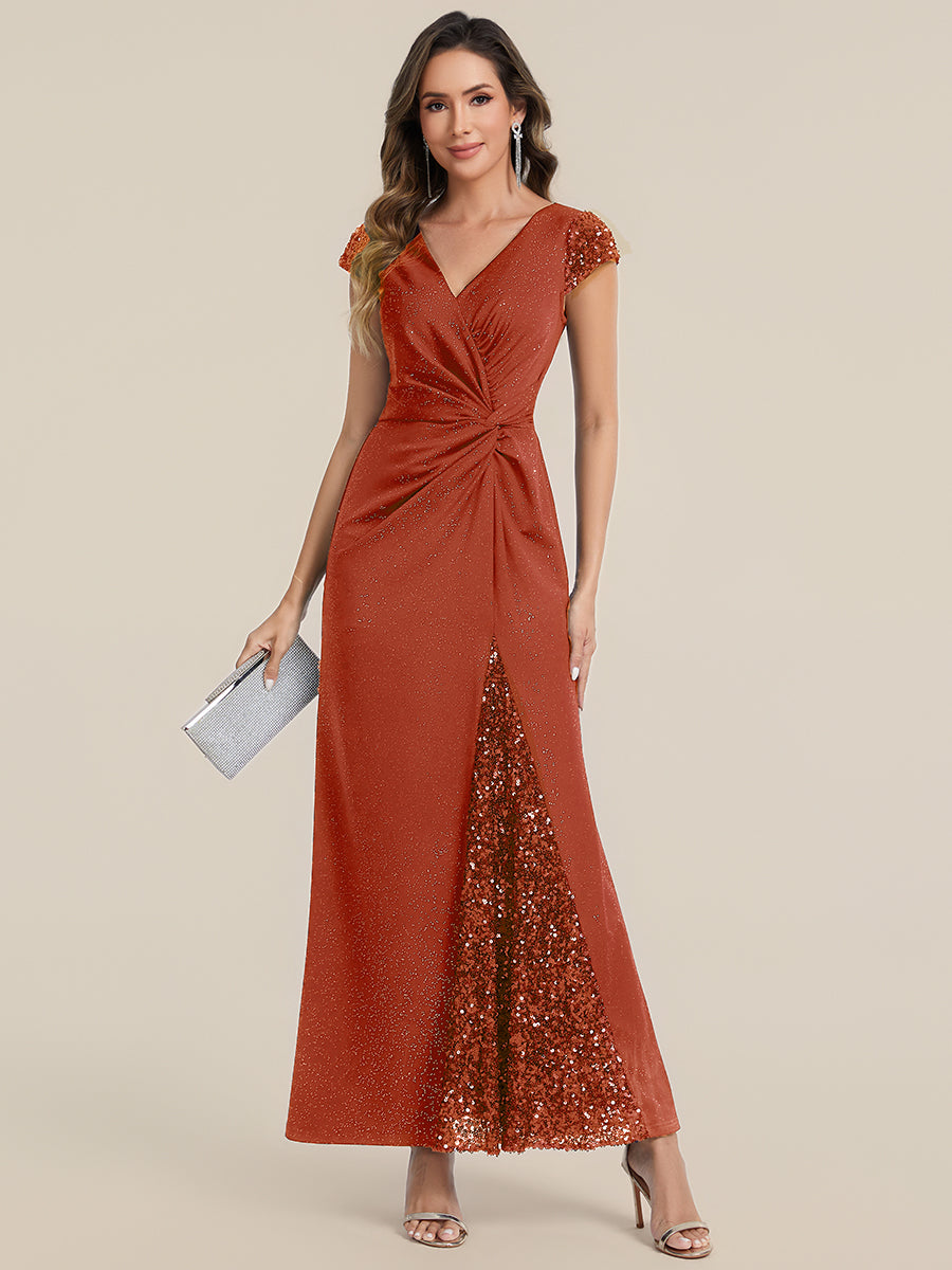 Color=Burnt Orange | Commercial Wholesale Short Sleeve V-Neck Bodycon Maxi Dress with Sequin Details Evening Dresses-Burnt Orange 25