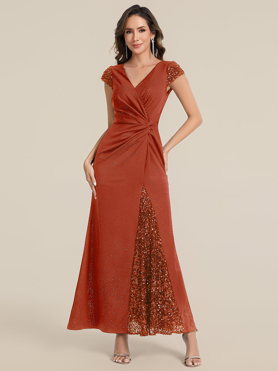 Color=Burnt Orange | Commercial Wholesale Short Sleeve V-Neck Bodycon Maxi Dress with Sequin Details Evening Dresses-Burnt Orange 21