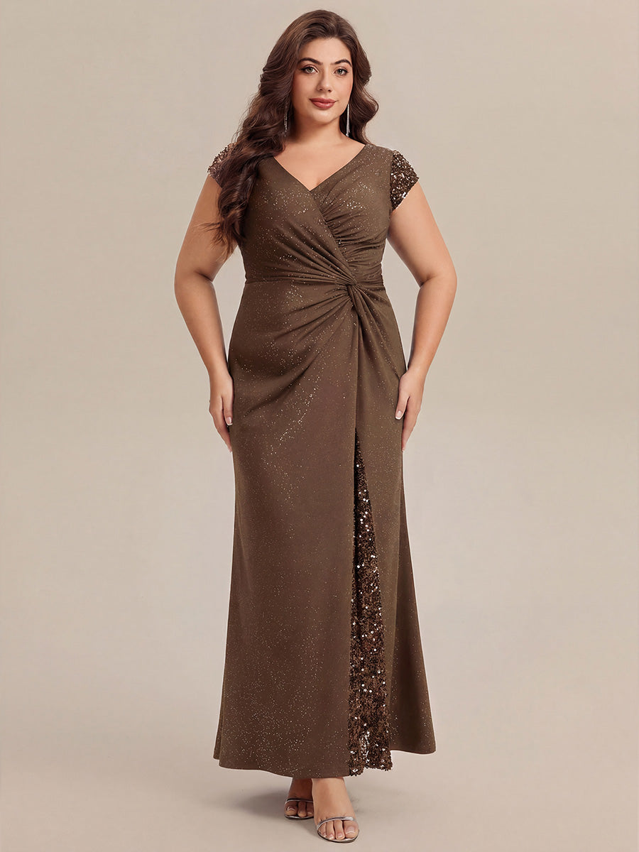 Color=Coffee | Commercial Wholesale Short Sleeve V-Neck Bodycon Maxi Dress with Sequin Details Evening Dresses-Coffee 39