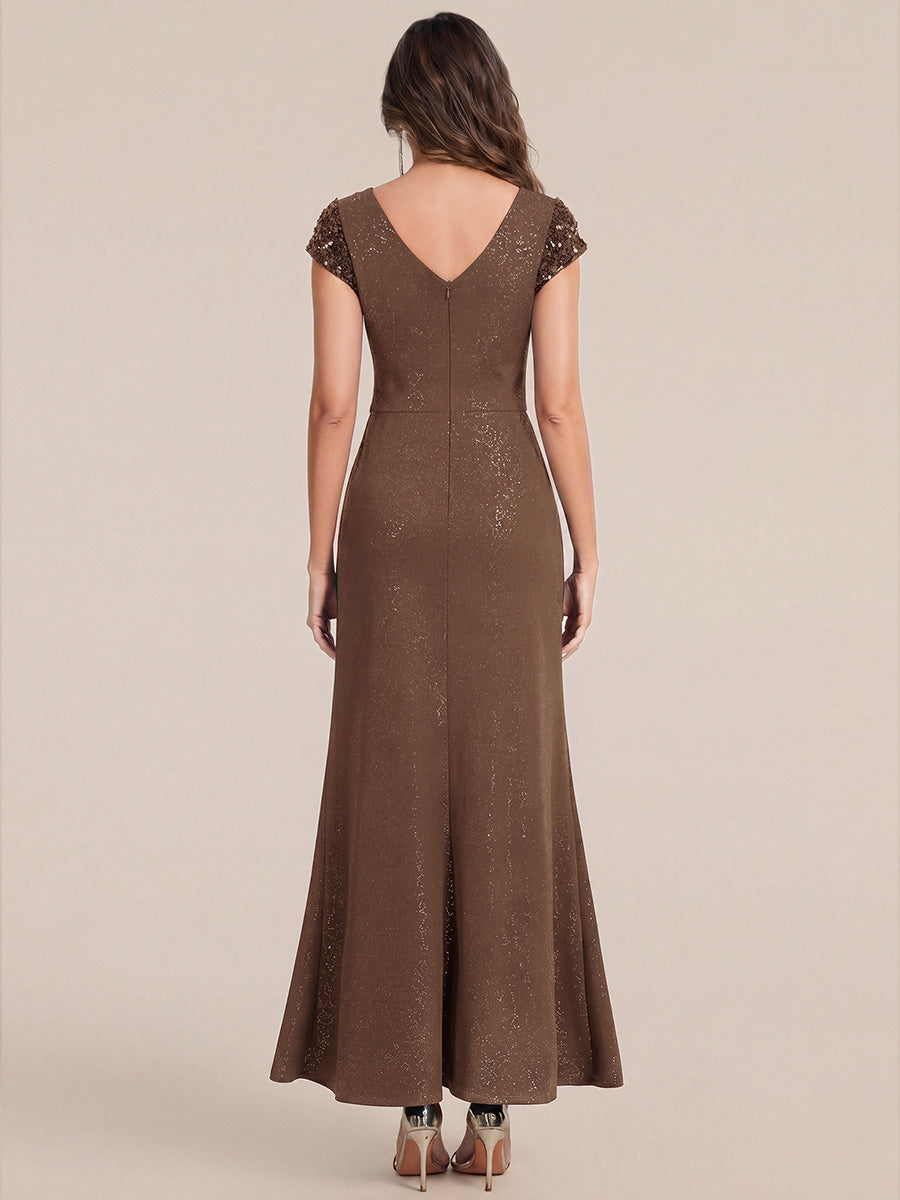 Color=Coffee | Commercial Wholesale Short Sleeve V-Neck Bodycon Maxi Dress with Sequin Details Evening Dresses-Coffee 32