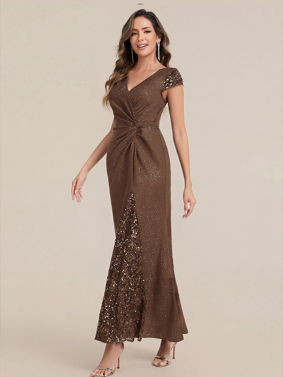 Color=Coffee | Commercial Wholesale Short Sleeve V-Neck Bodycon Maxi Dress with Sequin Details Evening Dresses-Coffee 34