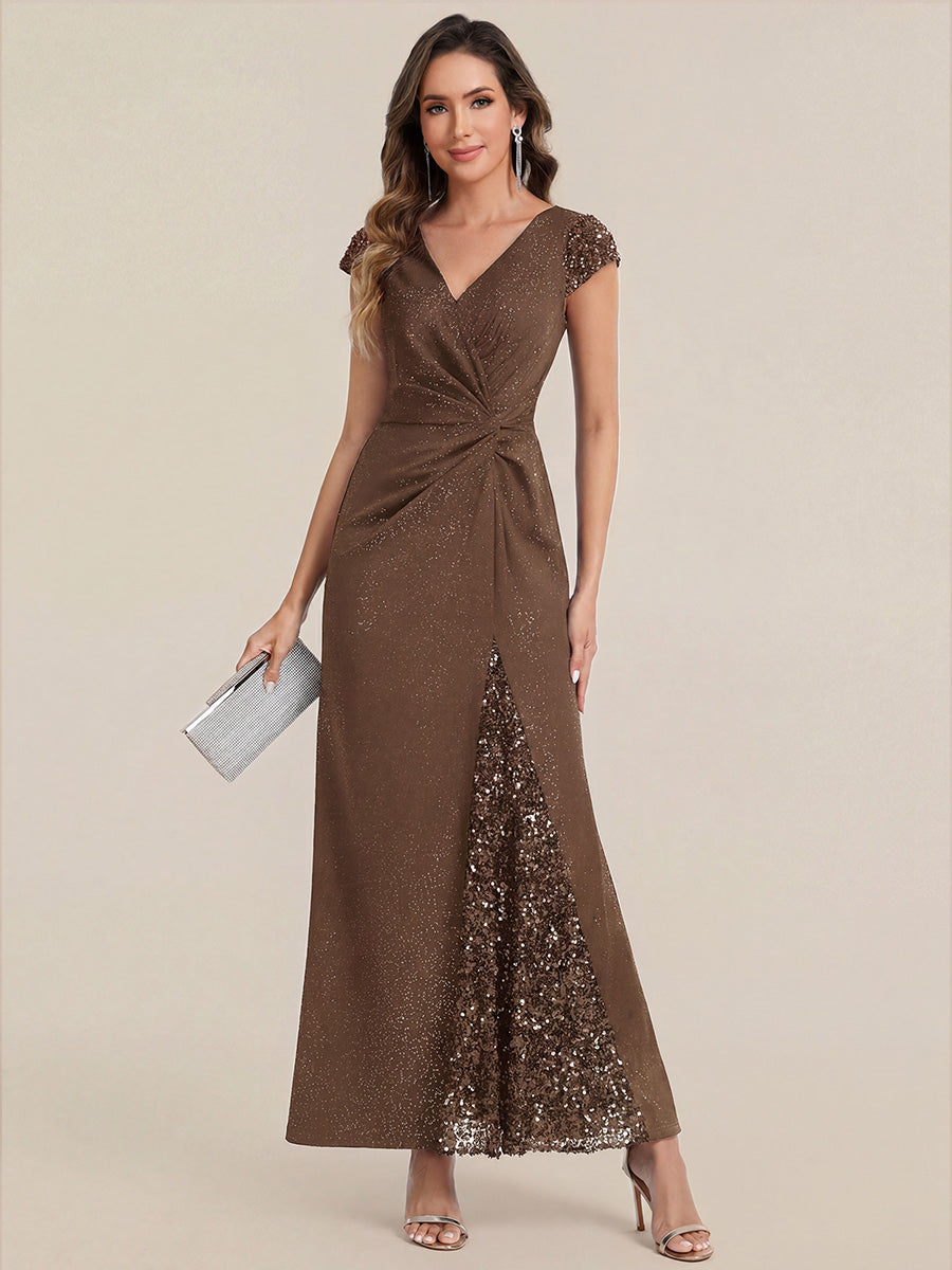 Color=Coffee | Commercial Wholesale Short Sleeve V-Neck Bodycon Maxi Dress with Sequin Details Evening Dresses-Coffee 35