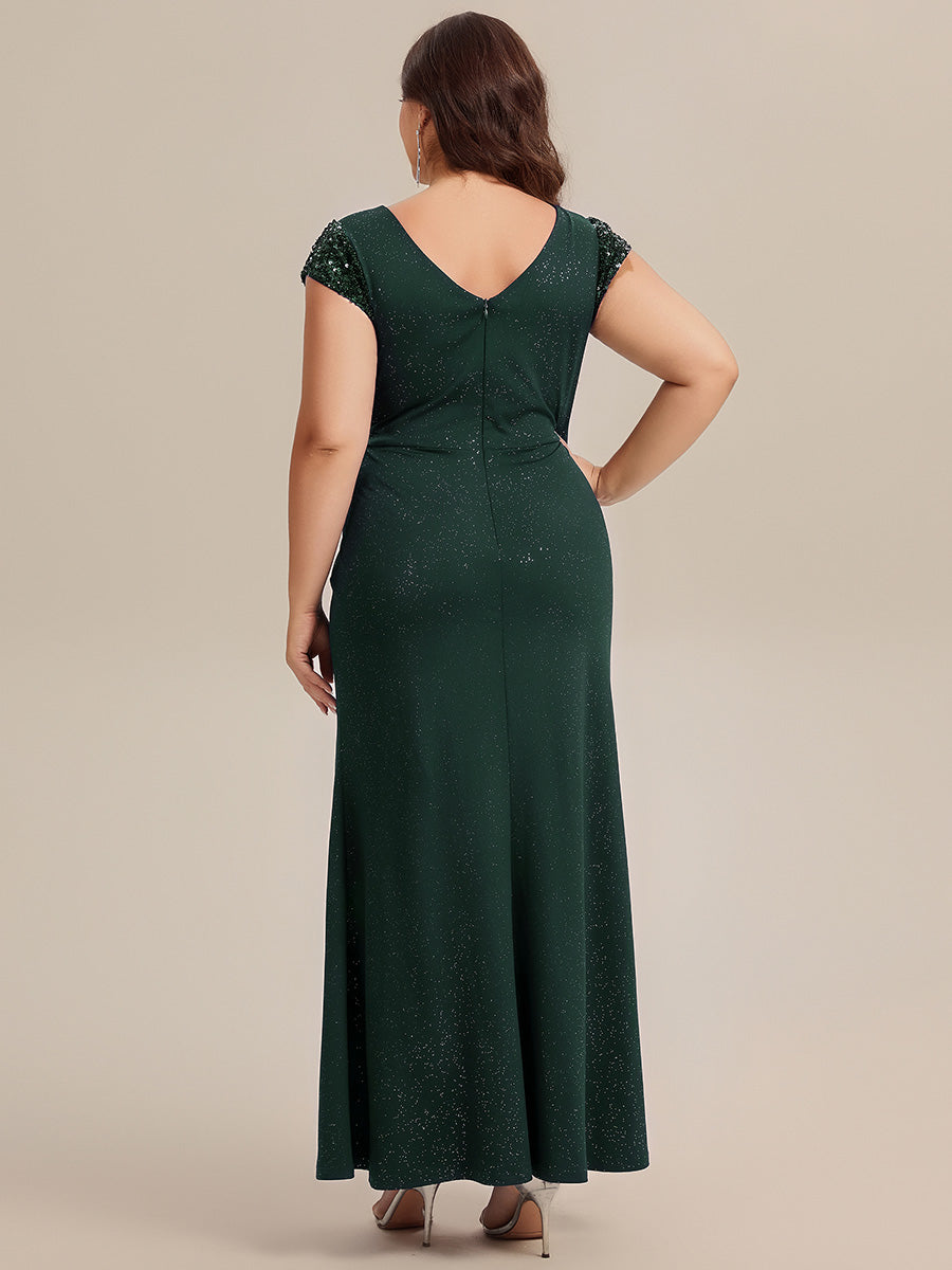 Color=Dark Green | Commercial Wholesale Short Sleeve V-Neck Bodycon Maxi Dress with Sequin Details Evening Dresses-Dark Green 47