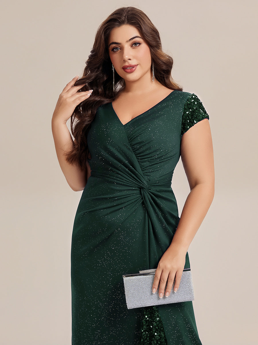 Color=Dark Green | One Stop Shop Short Sleeve Knotted Deep V-Neck Bodycon Floor Length Evening Dresses-Dark Green 18