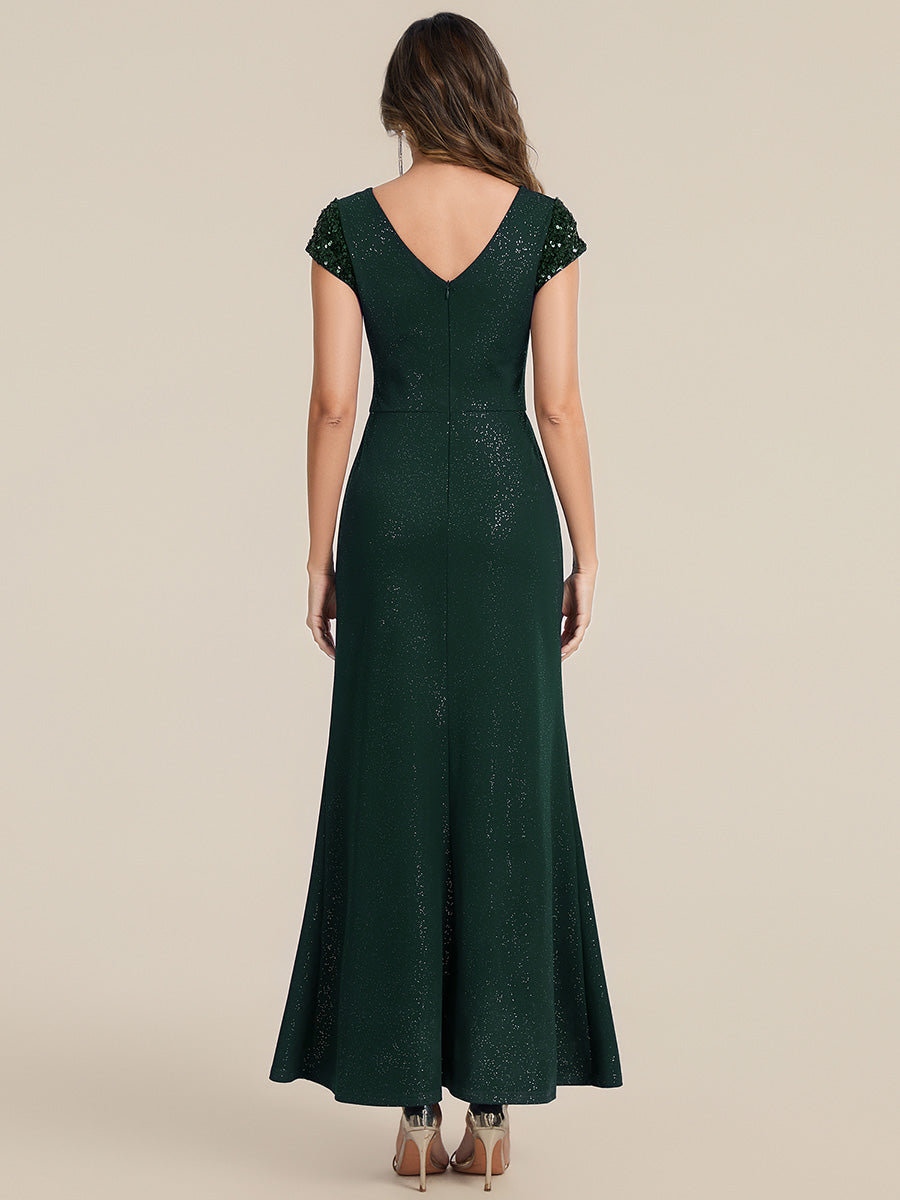 Color=Dark Green | Commercial Wholesale Short Sleeve V-Neck Bodycon Maxi Dress with Sequin Details Evening Dresses-Dark Green 42