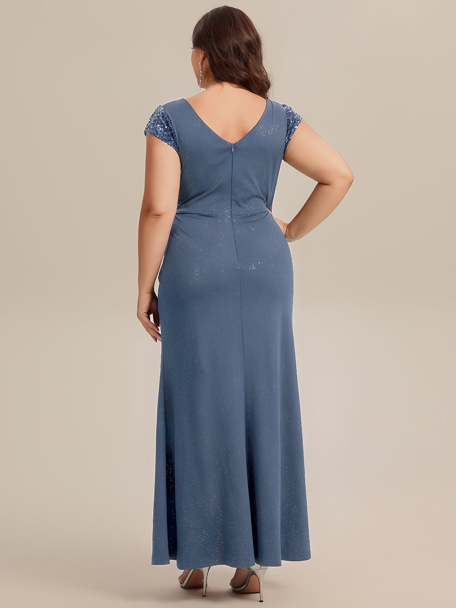 Color=Dusty Blue | Commercial Wholesale Short Sleeve V-Neck Bodycon Maxi Dress with Sequin Details Evening Dresses-Dusty Blue 57