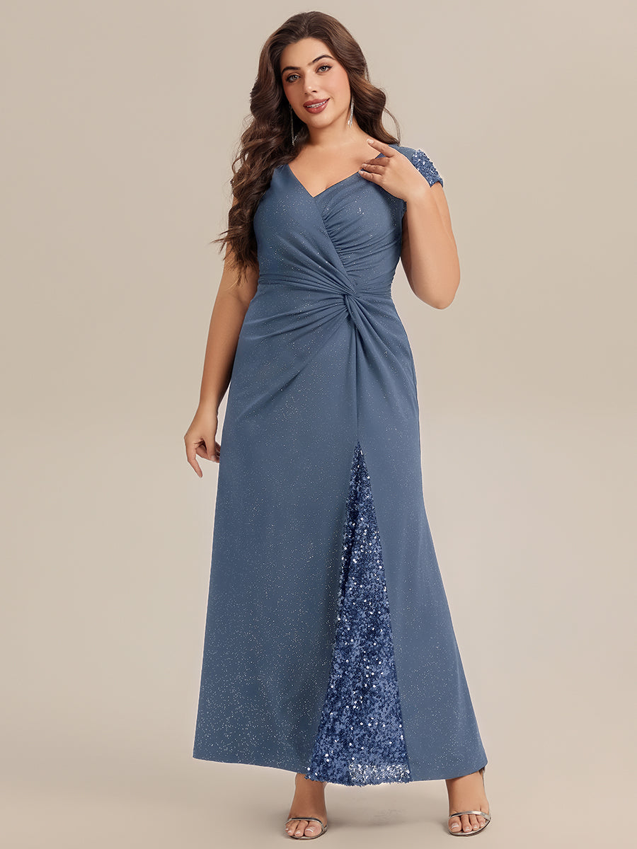 Color=Dusty Blue | Commercial Wholesale Short Sleeve V-Neck Bodycon Maxi Dress with Sequin Details Evening Dresses-Dusty Blue 59