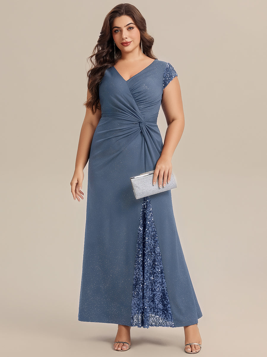 Color=Dusty Blue | Commercial Wholesale Short Sleeve V-Neck Bodycon Maxi Dress with Sequin Details Evening Dresses-Dusty Blue 56