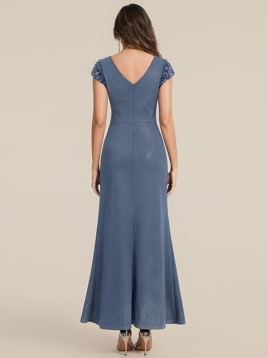 Color=Dusty Blue | Commercial Wholesale Short Sleeve V-Neck Bodycon Maxi Dress with Sequin Details Evening Dresses-Dusty Blue 52