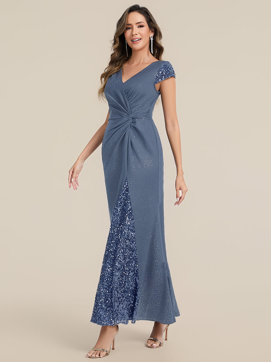 Color=Dusty Blue | Commercial Wholesale Short Sleeve V-Neck Bodycon Maxi Dress with Sequin Details Evening Dresses-Dusty Blue 54
