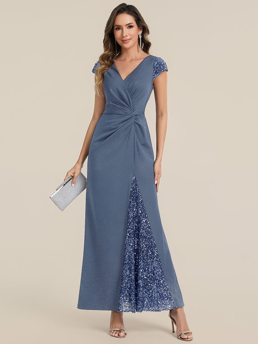 Color=Dusty Blue | Commercial Wholesale Short Sleeve V-Neck Bodycon Maxi Dress with Sequin Details Evening Dresses-Dusty Blue 55