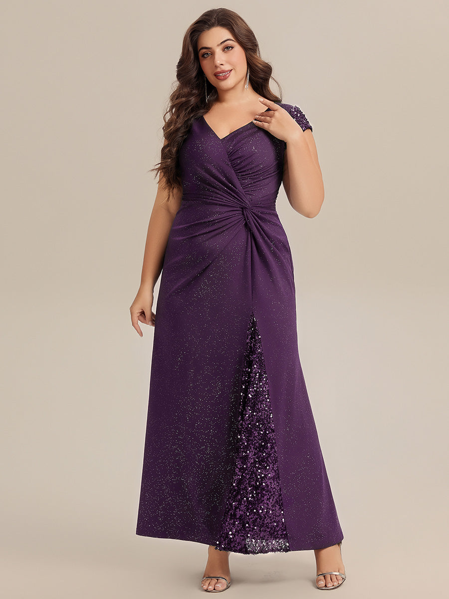 Color=Dark Purple | One Stop Shop Short Sleeve Knotted Deep V-Neck Bodycon Floor Length Evening Dresses-Dark Purple 29