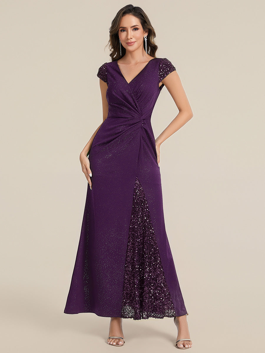 Color=Dark Purple | One Stop Shop Short Sleeve Knotted Deep V-Neck Bodycon Floor Length Evening Dresses-Dark Purple 21