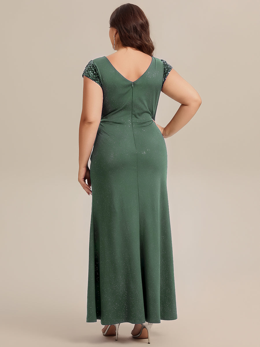 Color=Eucalyptus | Commercial Wholesale Short Sleeve V-Neck Bodycon Maxi Dress with Sequin Details Evening Dresses-Eucalyptus 77