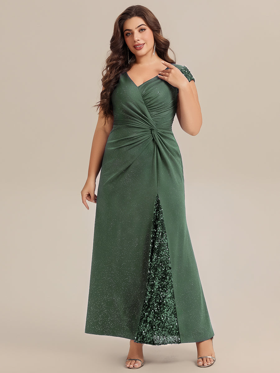 Color=Eucalyptus | Commercial Wholesale Short Sleeve V-Neck Bodycon Maxi Dress with Sequin Details Evening Dresses-Eucalyptus 79