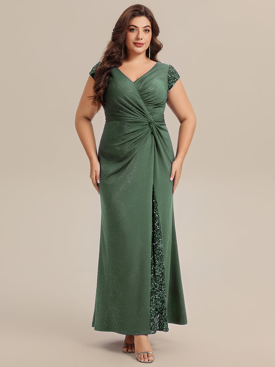 Color=Eucalyptus | Commercial Wholesale Short Sleeve V-Neck Bodycon Maxi Dress with Sequin Details Evening Dresses-Eucalyptus 80