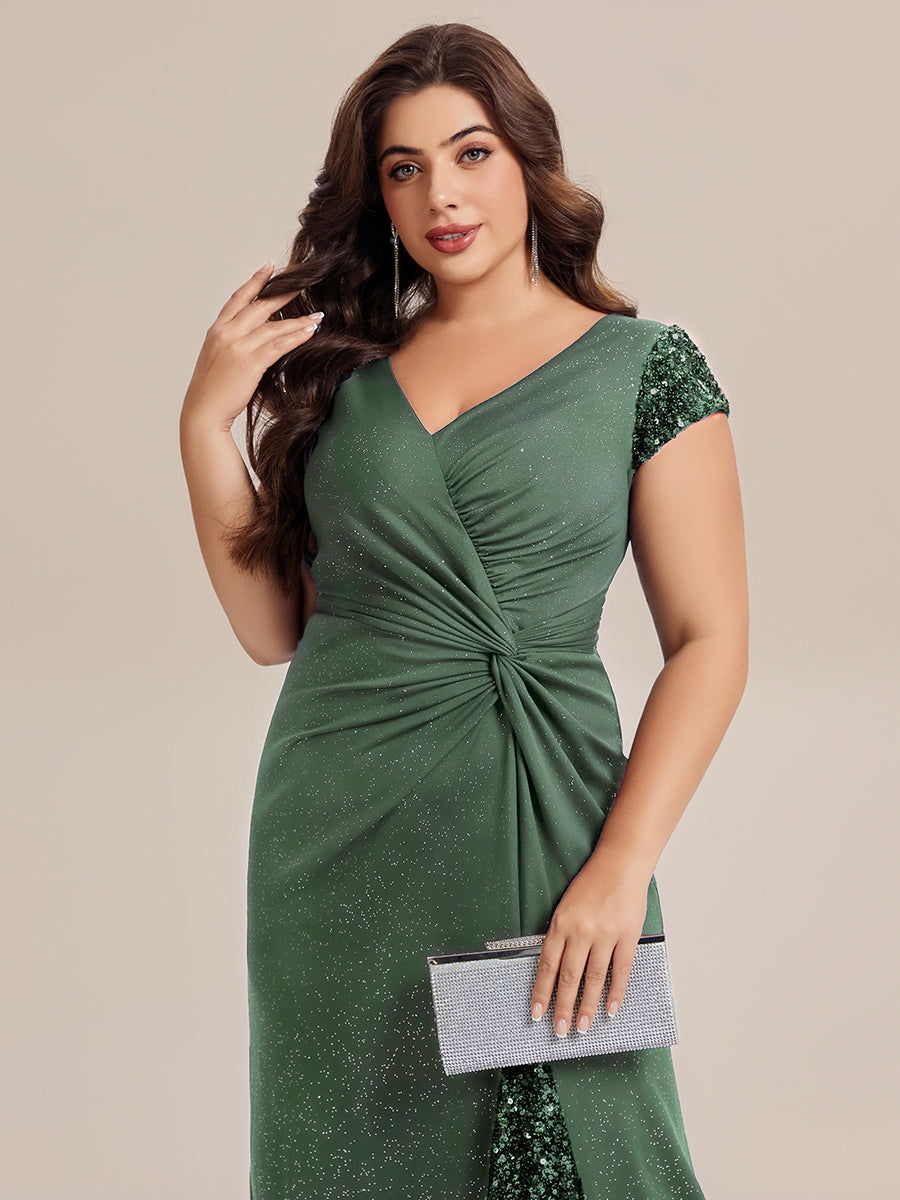 Color=Eucalyptus | Commercial Wholesale Short Sleeve V-Neck Bodycon Maxi Dress with Sequin Details Evening Dresses-Eucalyptus 78