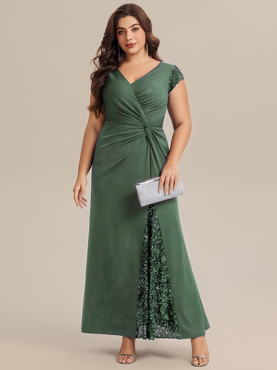 Color=Eucalyptus | Commercial Wholesale Short Sleeve V-Neck Bodycon Maxi Dress with Sequin Details Evening Dresses-Eucalyptus 76
