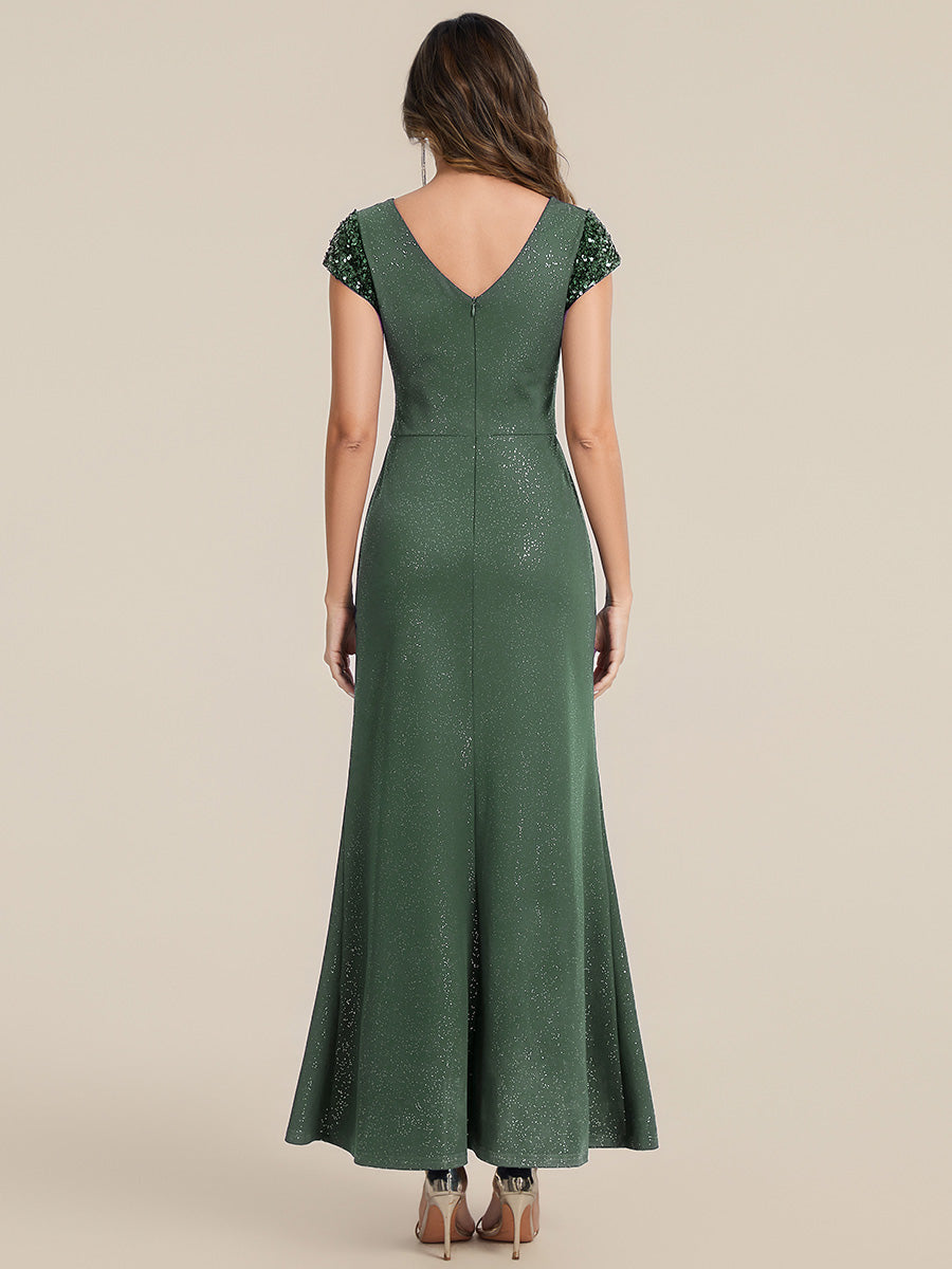 Color=Eucalyptus | Commercial Wholesale Short Sleeve V-Neck Bodycon Maxi Dress with Sequin Details Evening Dresses-Eucalyptus 72