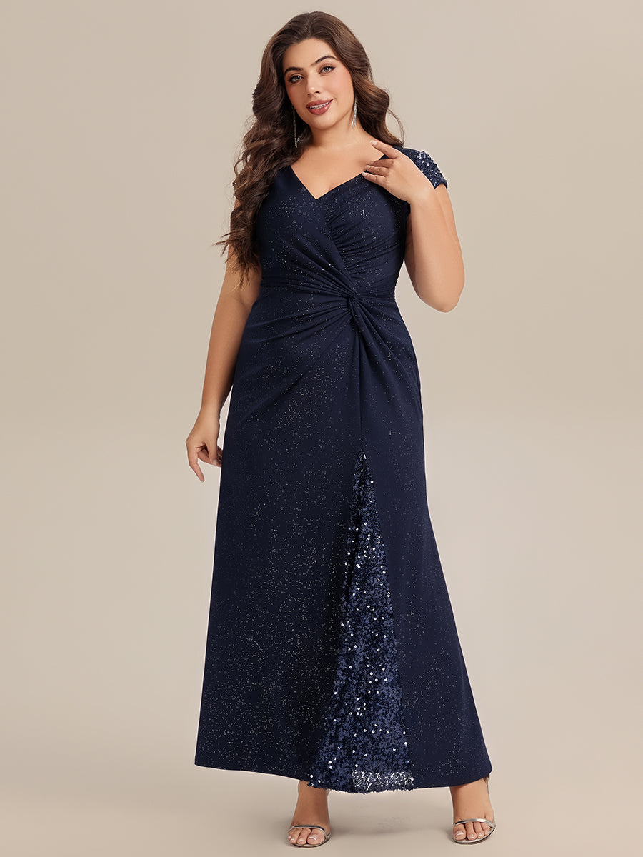 Color=Navy Blue | Commercial Wholesale Short Sleeve V-Neck Bodycon Maxi Dress with Sequin Details Evening Dresses-Navy Blue 89