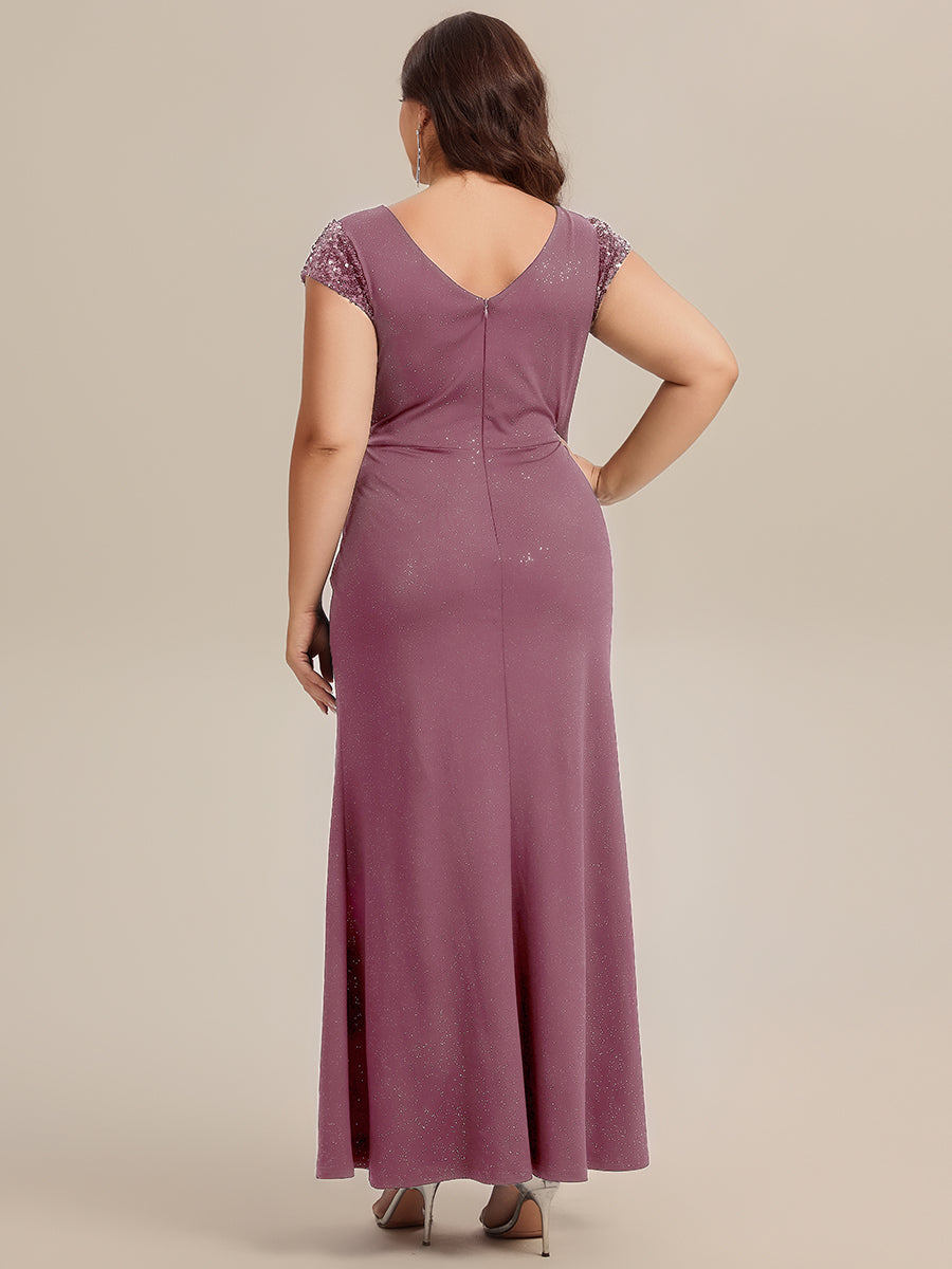 Color=Purple Orchid | Commercial Wholesale Short Sleeve V-Neck Bodycon Maxi Dress with Sequin Details Evening Dresses-Purple Orchid 97