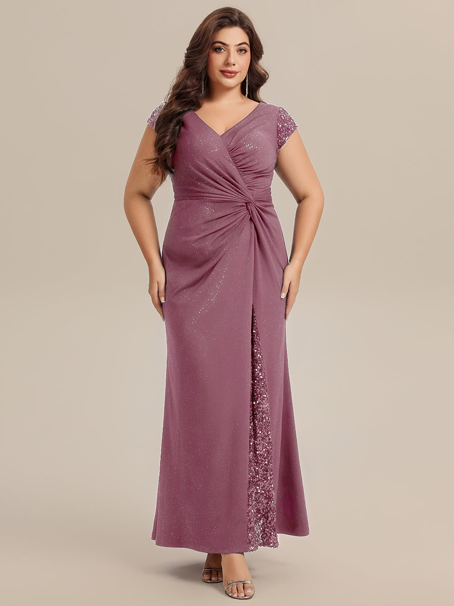 Color=Purple Orchid | Commercial Wholesale Short Sleeve V-Neck Bodycon Maxi Dress with Sequin Details Evening Dresses-Purple Orchid 100