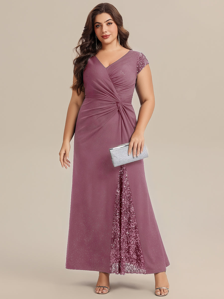 Color=Purple Orchid | Commercial Wholesale Short Sleeve V-Neck Bodycon Maxi Dress with Sequin Details Evening Dresses-Purple Orchid 96