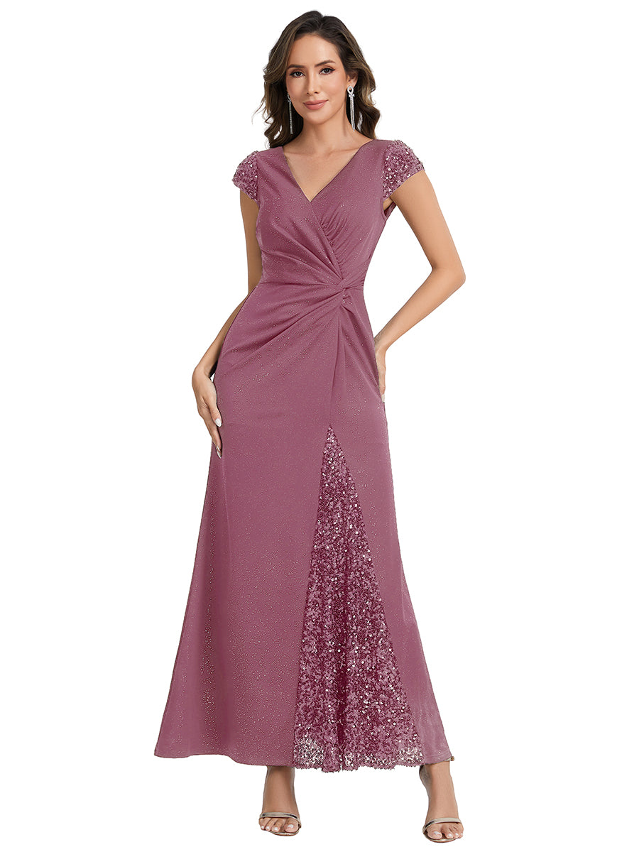 Color=Orchid | Fast Delivery Short Sleeve Deep V-Neck Sequin Bodycon Floor Length Evening Dresses-Orchid 2
