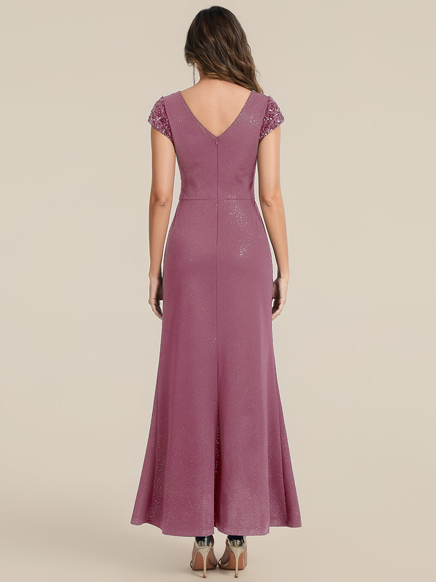 Color=Purple Orchid | Commercial Wholesale Short Sleeve V-Neck Bodycon Maxi Dress with Sequin Details Evening Dresses-Purple Orchid 92