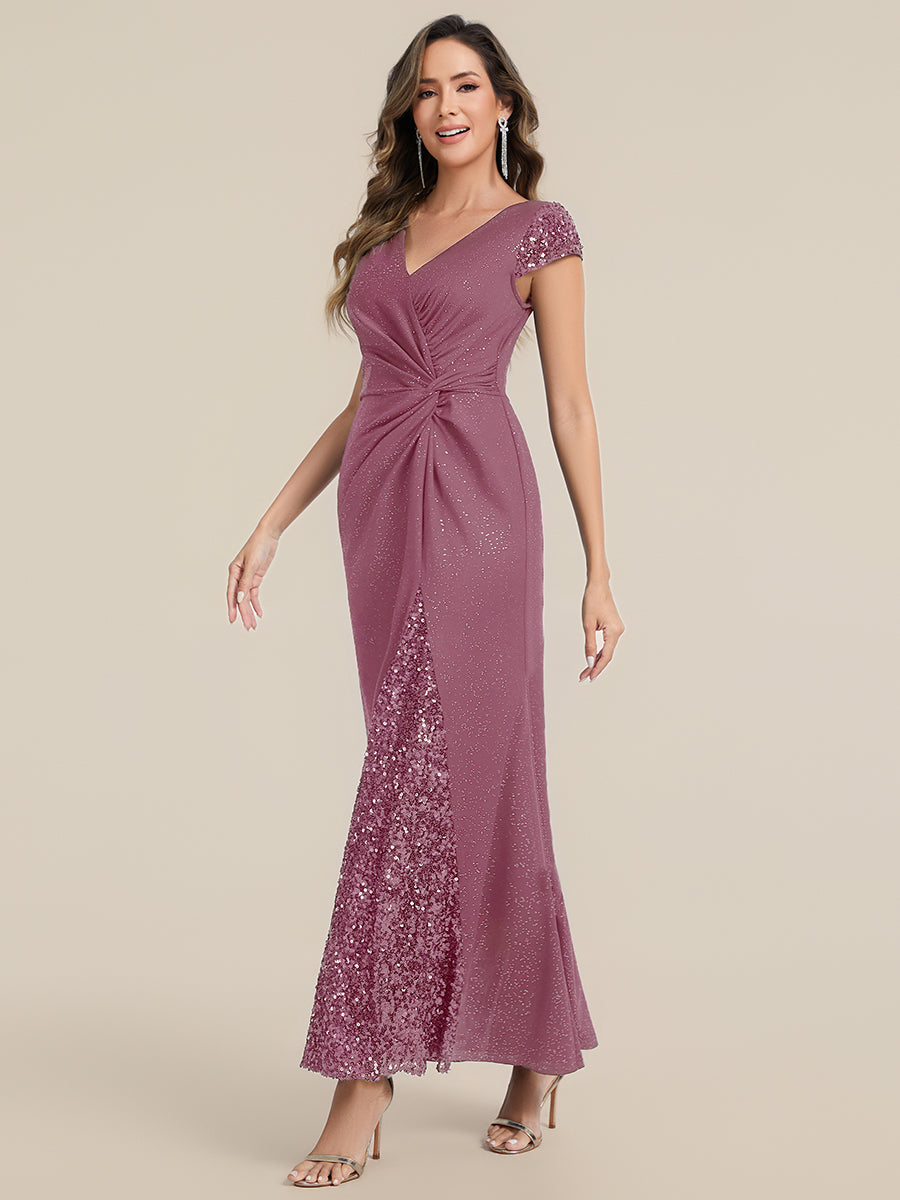 Color=Purple Orchid | Commercial Wholesale Short Sleeve V-Neck Bodycon Maxi Dress with Sequin Details Evening Dresses-Purple Orchid 94