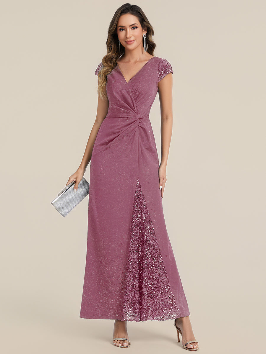 Color=Purple Orchid | Commercial Wholesale Short Sleeve V-Neck Bodycon Maxi Dress with Sequin Details Evening Dresses-Purple Orchid 95