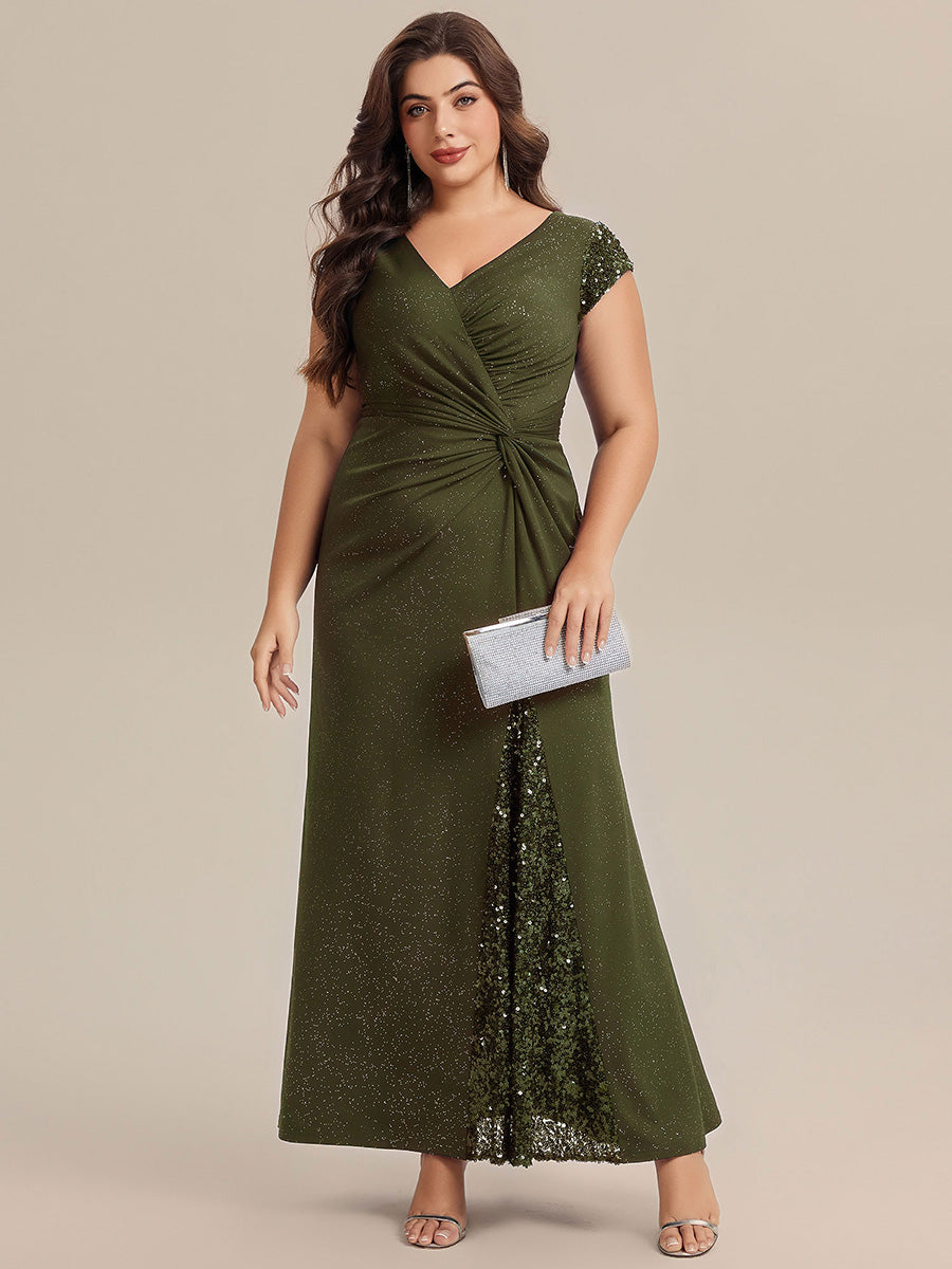 Color=Olive Green | Commercial Wholesale Short Sleeve V-Neck Bodycon Maxi Dress with Sequin Details Evening Dresses-Olive Green 56