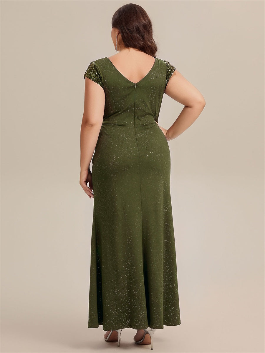 Color=Olive Green | Commercial Wholesale Short Sleeve V-Neck Bodycon Maxi Dress with Sequin Details Evening Dresses-Olive Green 107