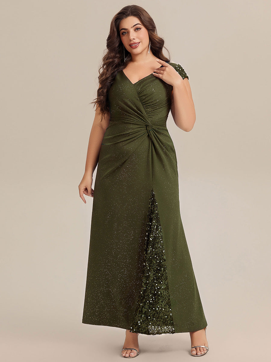 Color=Olive Green | Commercial Wholesale Short Sleeve V-Neck Bodycon Maxi Dress with Sequin Details Evening Dresses-Olive Green 59