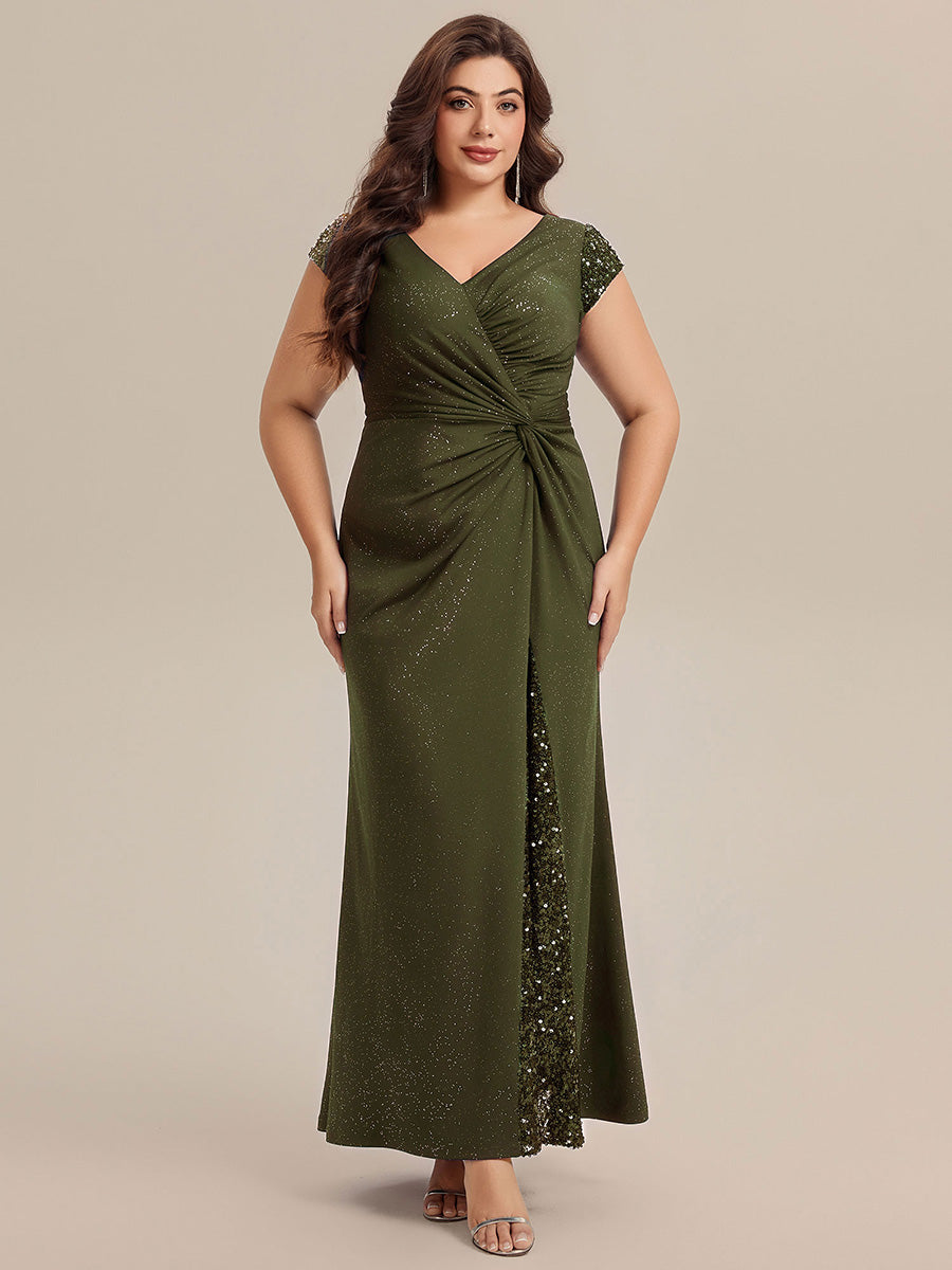 Color=Olive Green | Commercial Wholesale Short Sleeve V-Neck Bodycon Maxi Dress with Sequin Details Evening Dresses-Olive Green 60