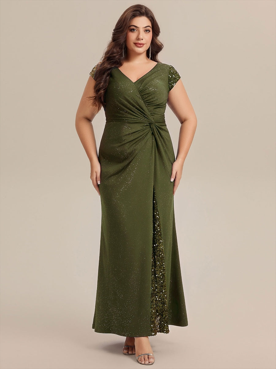 Color=Olive Green | Commercial Wholesale Short Sleeve V-Neck Bodycon Maxi Dress with Sequin Details Evening Dresses-Olive Green 110