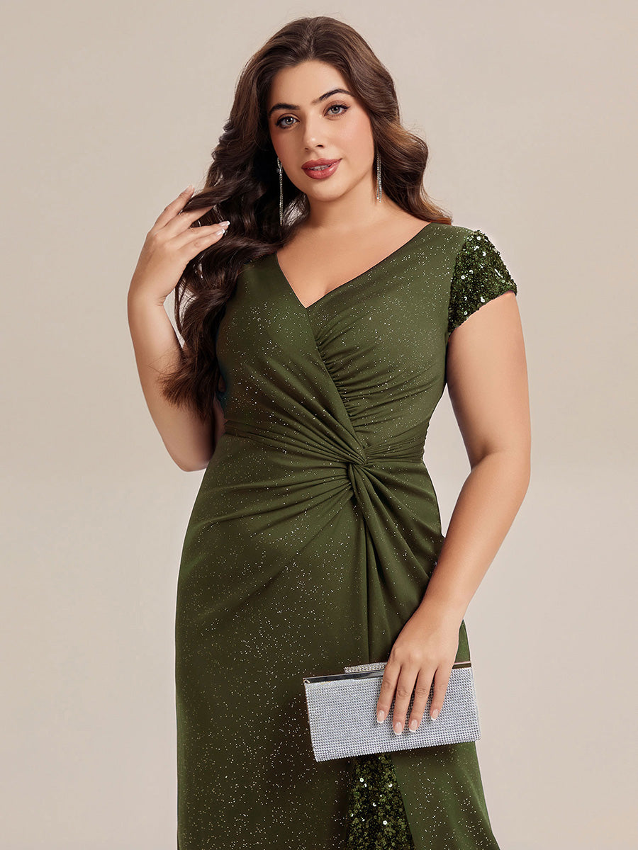 Color=Olive Green | Commercial Wholesale Short Sleeve V-Neck Bodycon Maxi Dress with Sequin Details Evening Dresses-Olive Green 58