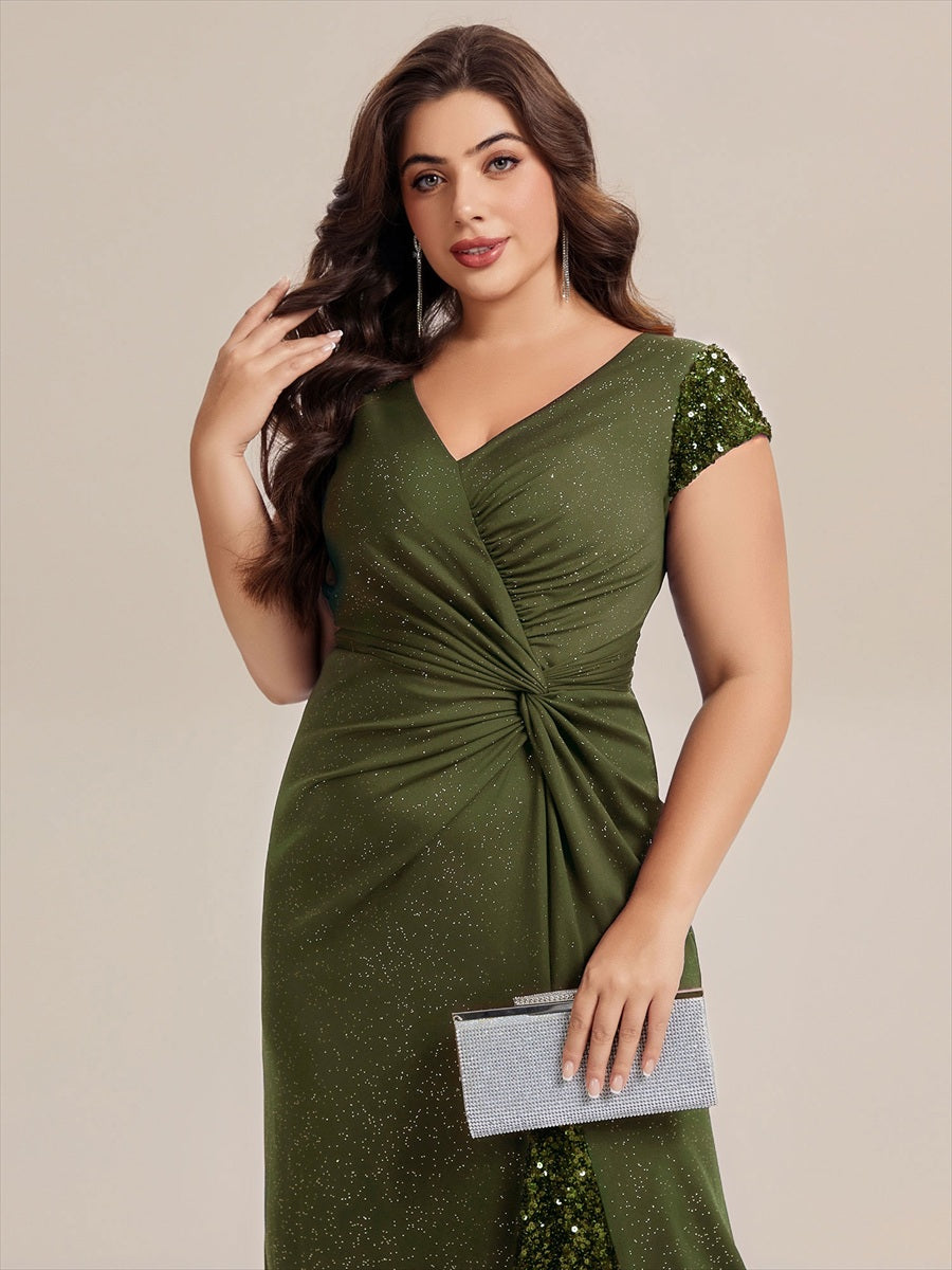 Color=Olive Green | Commercial Wholesale Short Sleeve V-Neck Bodycon Maxi Dress with Sequin Details Evening Dresses-Olive Green 108